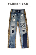 FACEONLAB Leopard Print Patchwork Ripped Jeans
