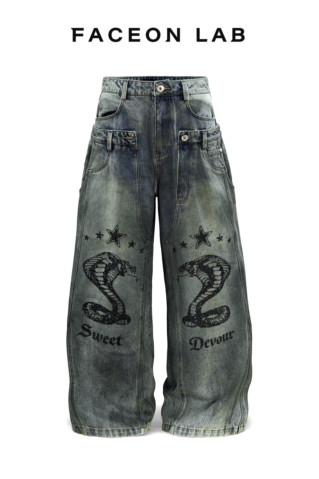 FACEONLAB Vintage Distressed Snake Print Rhinestone Double Waistband Jeans
