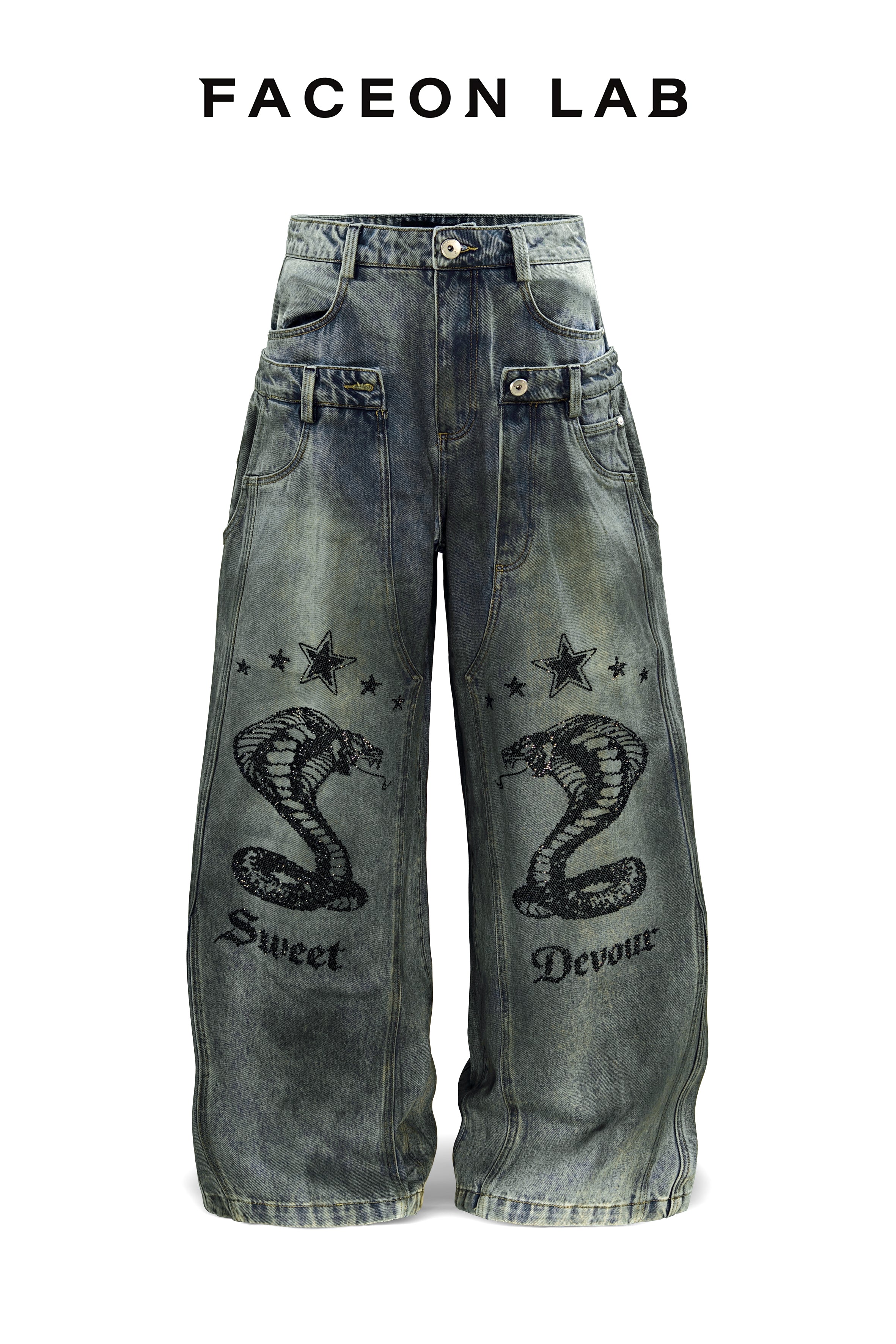 FACEONLAB Vintage Distressed Snake Print Rhinestone Double Waistband Jeans
