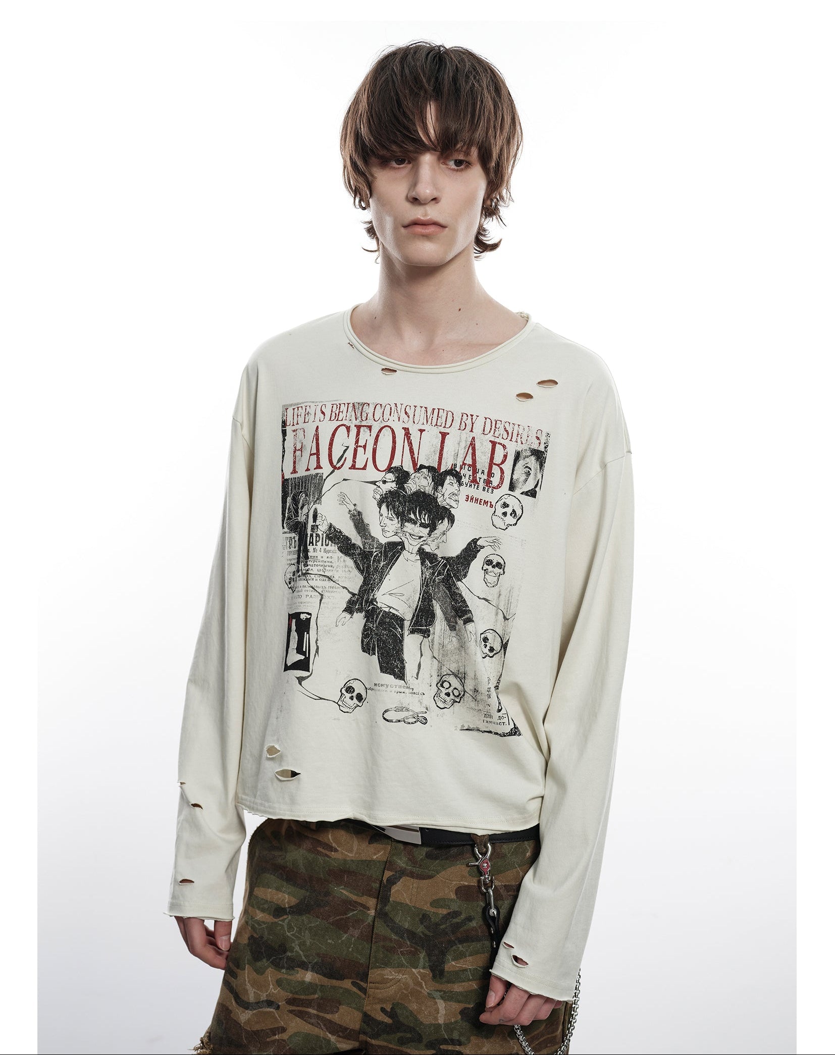 FACEONLAB Six Mood Distressed Destroyed Long Sleeve Top