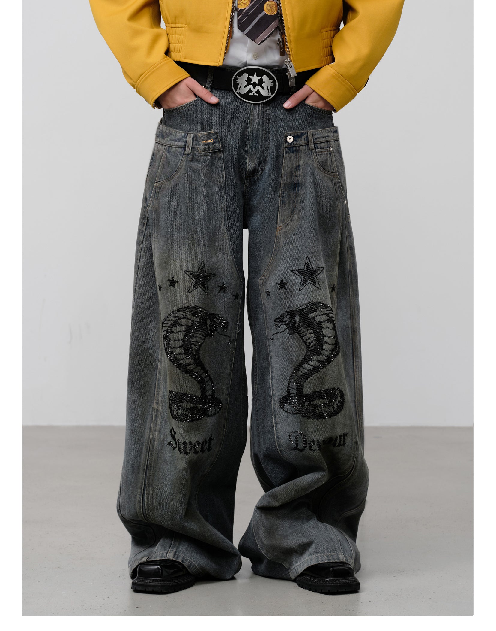 FACEONLAB Vintage Distressed Snake Print Rhinestone Double Waistband Jeans
