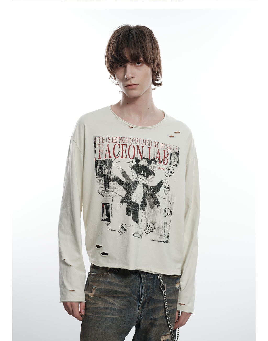 FACEONLAB Six Mood Distressed Destroyed Long Sleeve Top