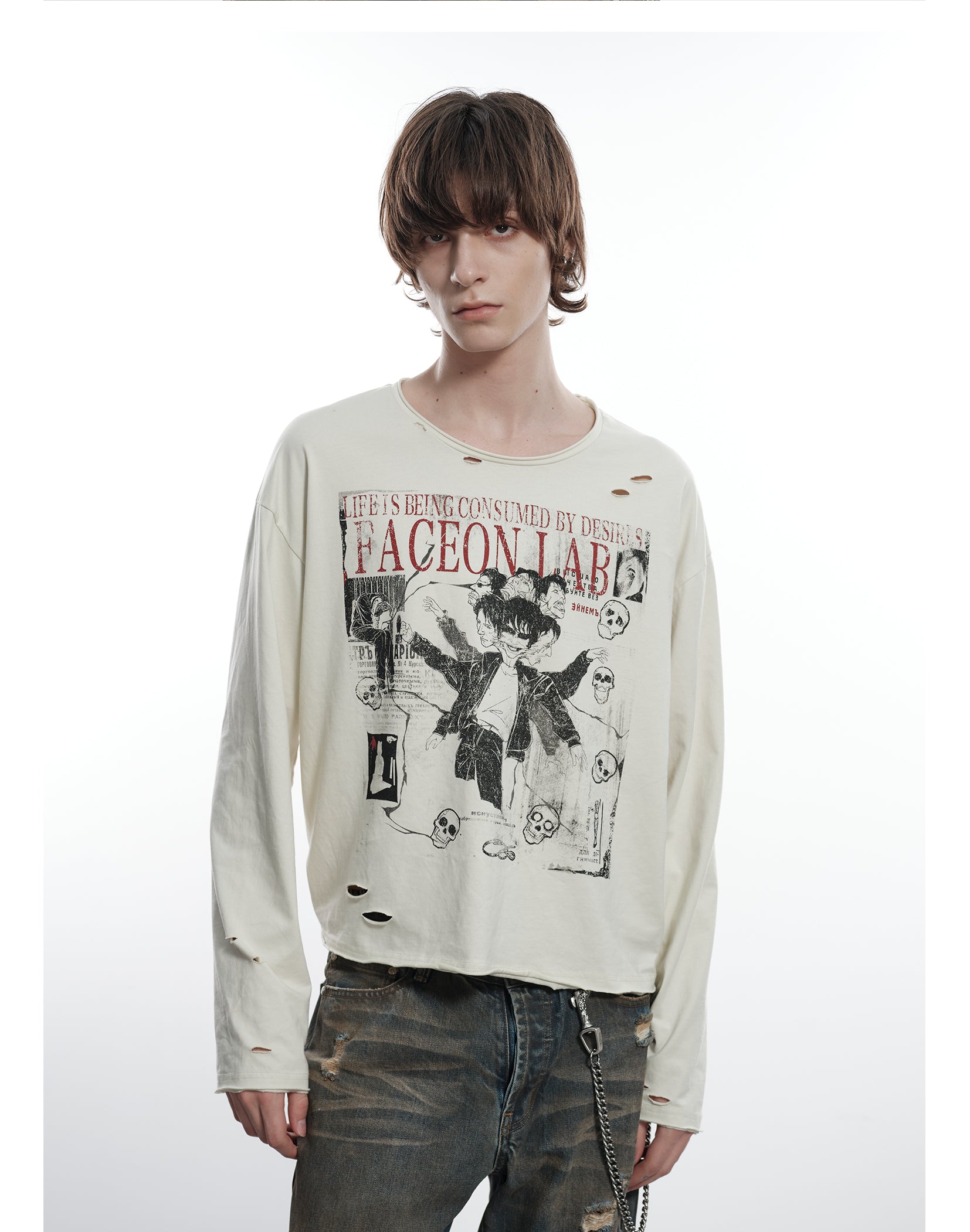 FACEONLAB Six Mood Distressed Destroyed Long Sleeve Top
