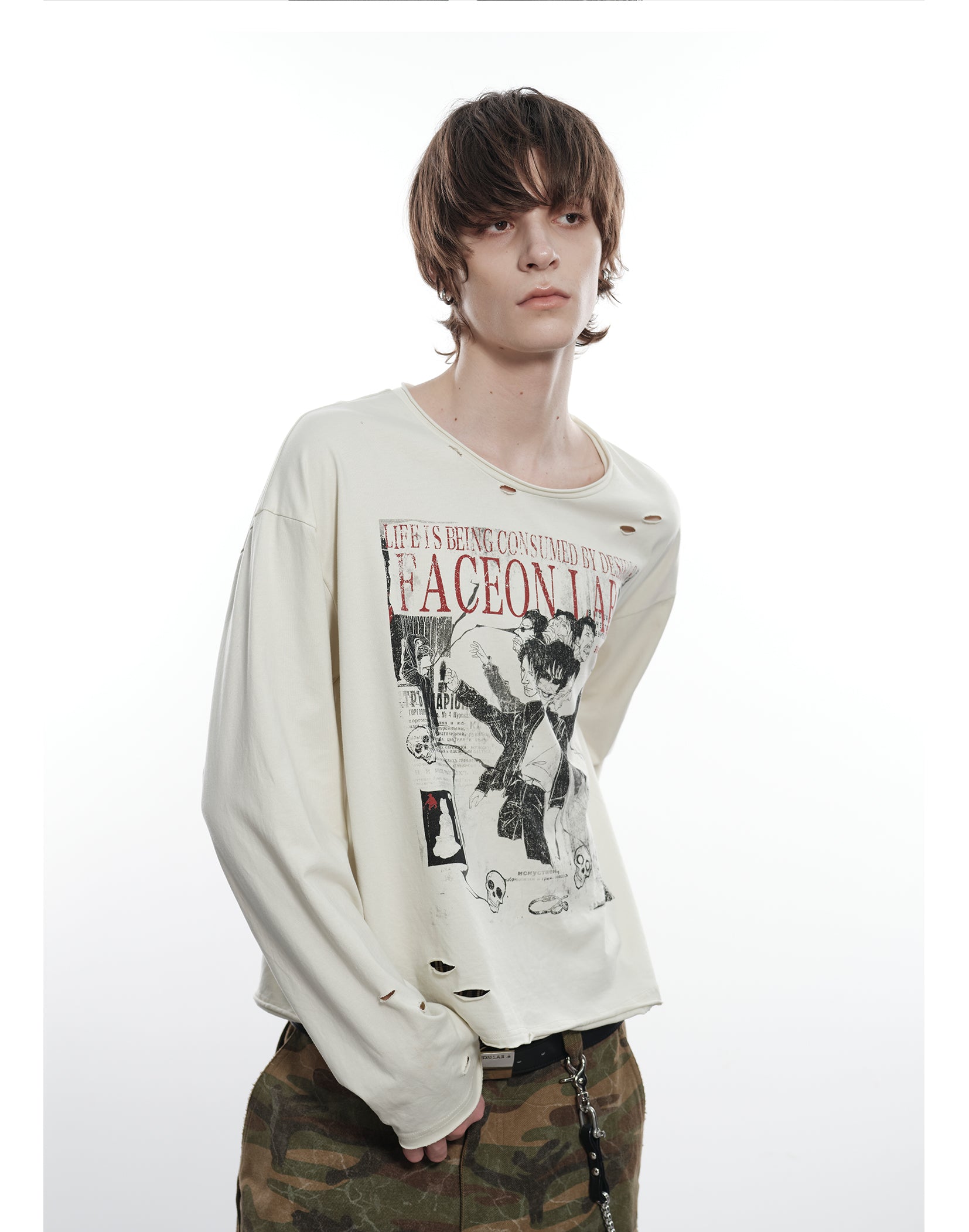 FACEONLAB Six Mood Distressed Destroyed Long Sleeve Top