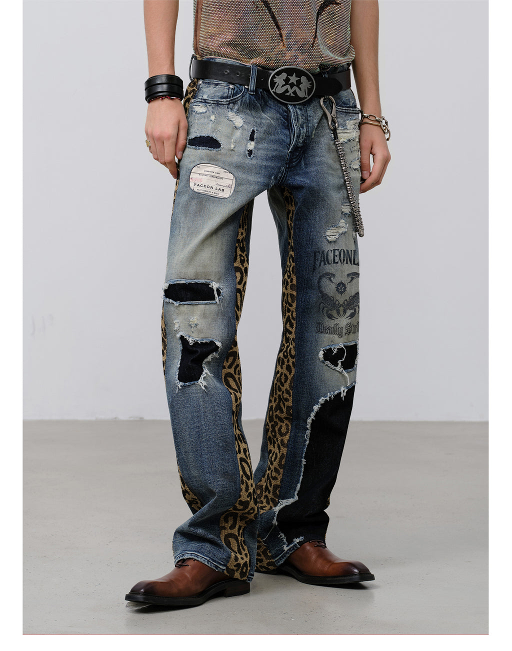 FACEONLAB Leopard Print Patchwork Ripped Jeans