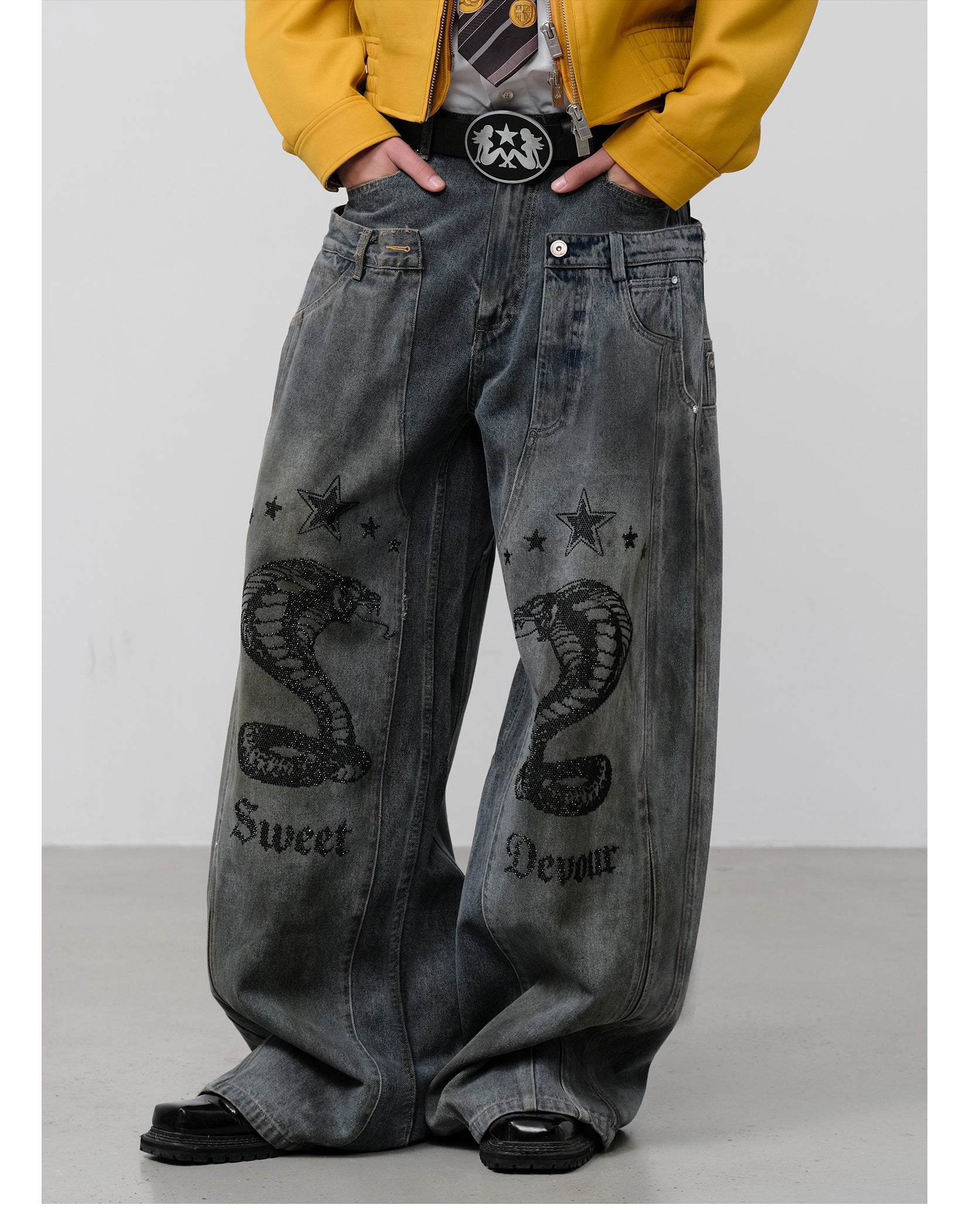FACEONLAB Vintage Distressed Snake Print Rhinestone Double Waistband Jeans