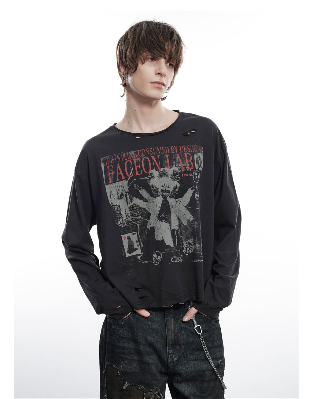 FACEONLAB Six Mood Distressed Destroyed Long Sleeve Top