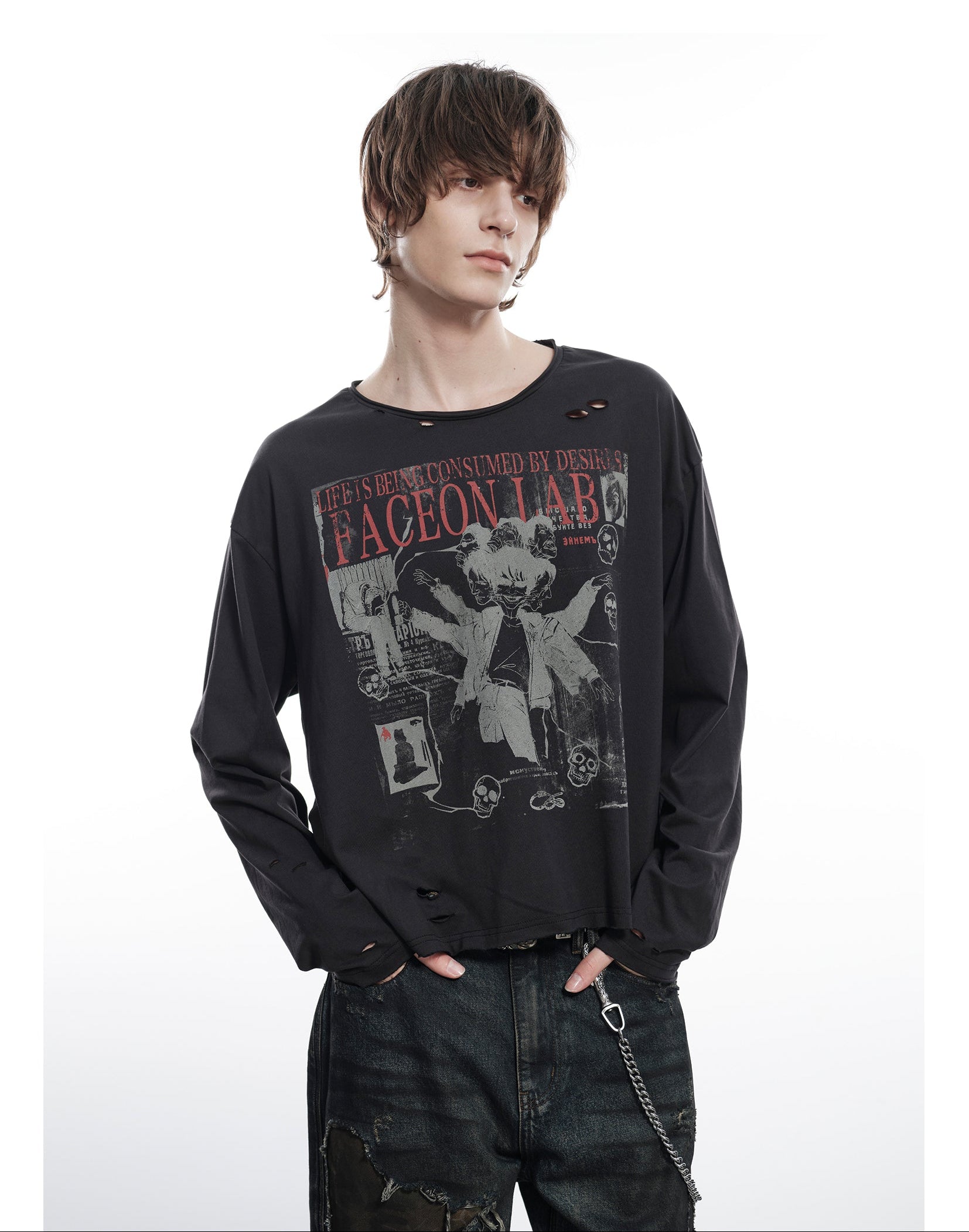 FACEONLAB Six Mood Distressed Destroyed Long Sleeve Top