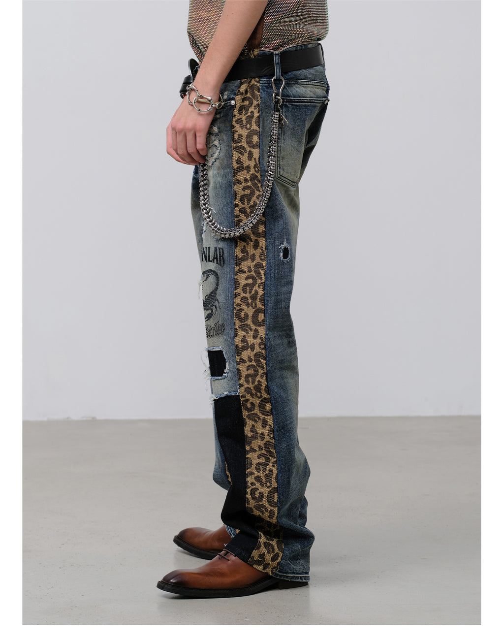 FACEONLAB Leopard Print Patchwork Ripped Jeans