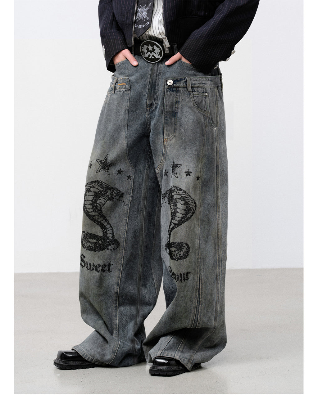 FACEONLAB Vintage Distressed Snake Print Rhinestone Double Waistband Jeans
