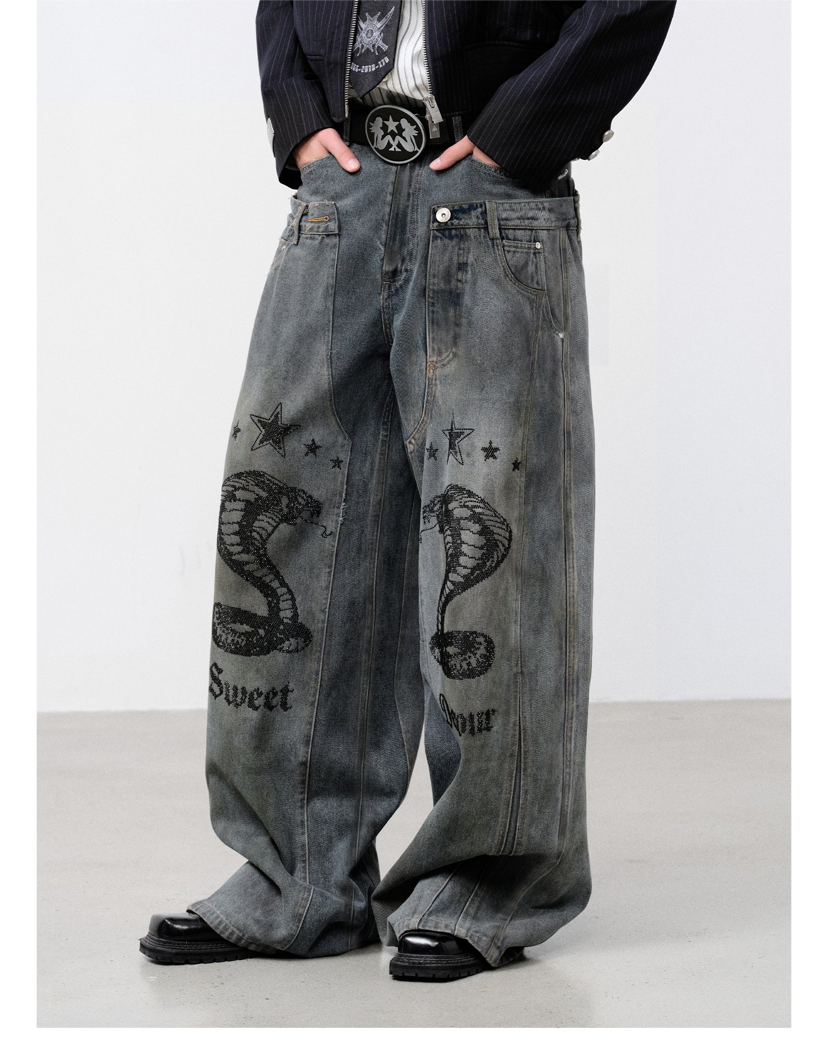 FACEONLAB Vintage Distressed Snake Print Rhinestone Double Waistband Jeans