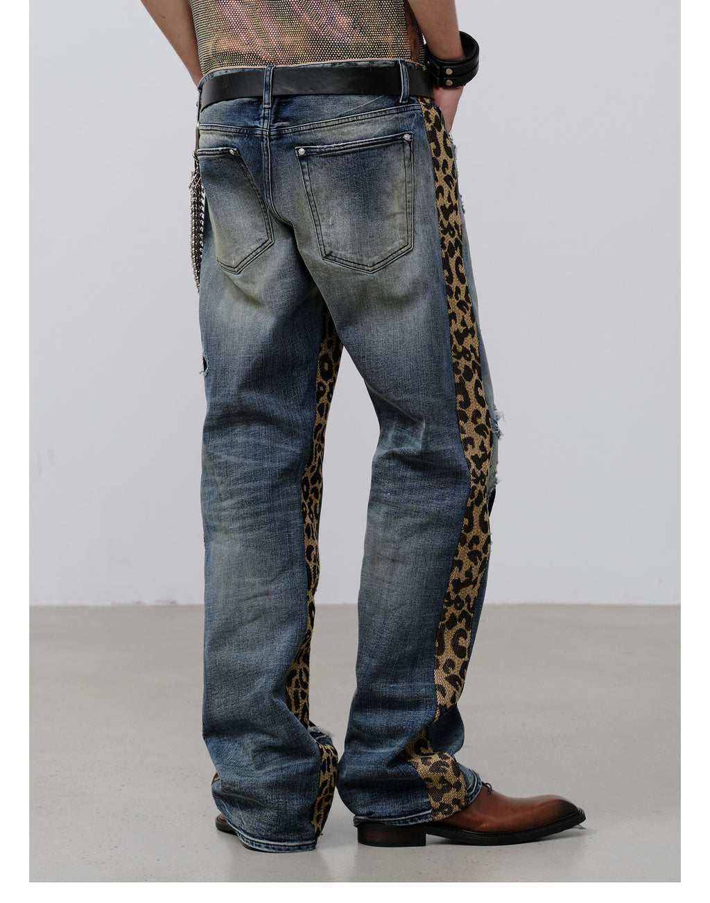 FACEONLAB Leopard Print Patchwork Ripped Jeans