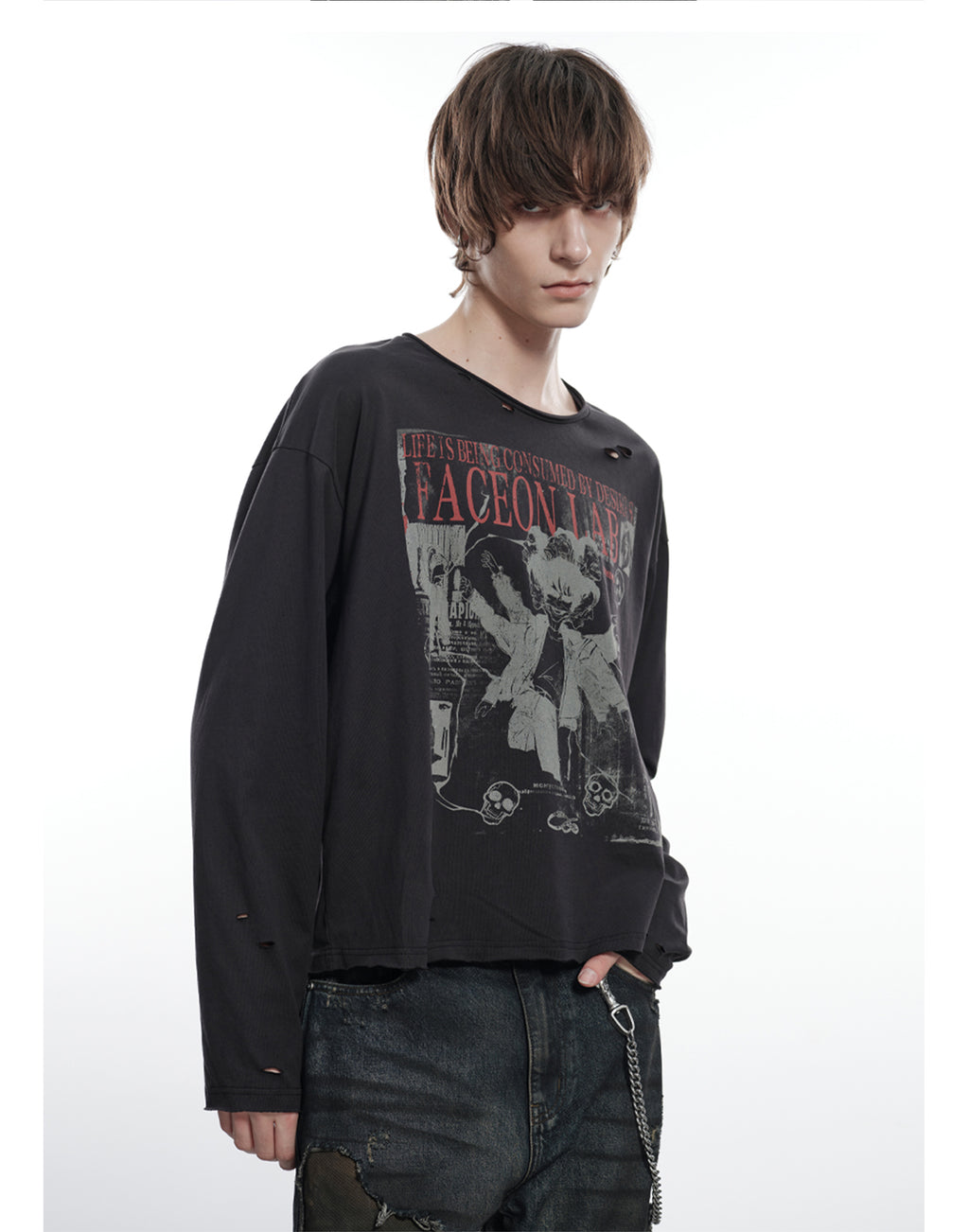 FACEONLAB Six Mood Distressed Destroyed Long Sleeve Top