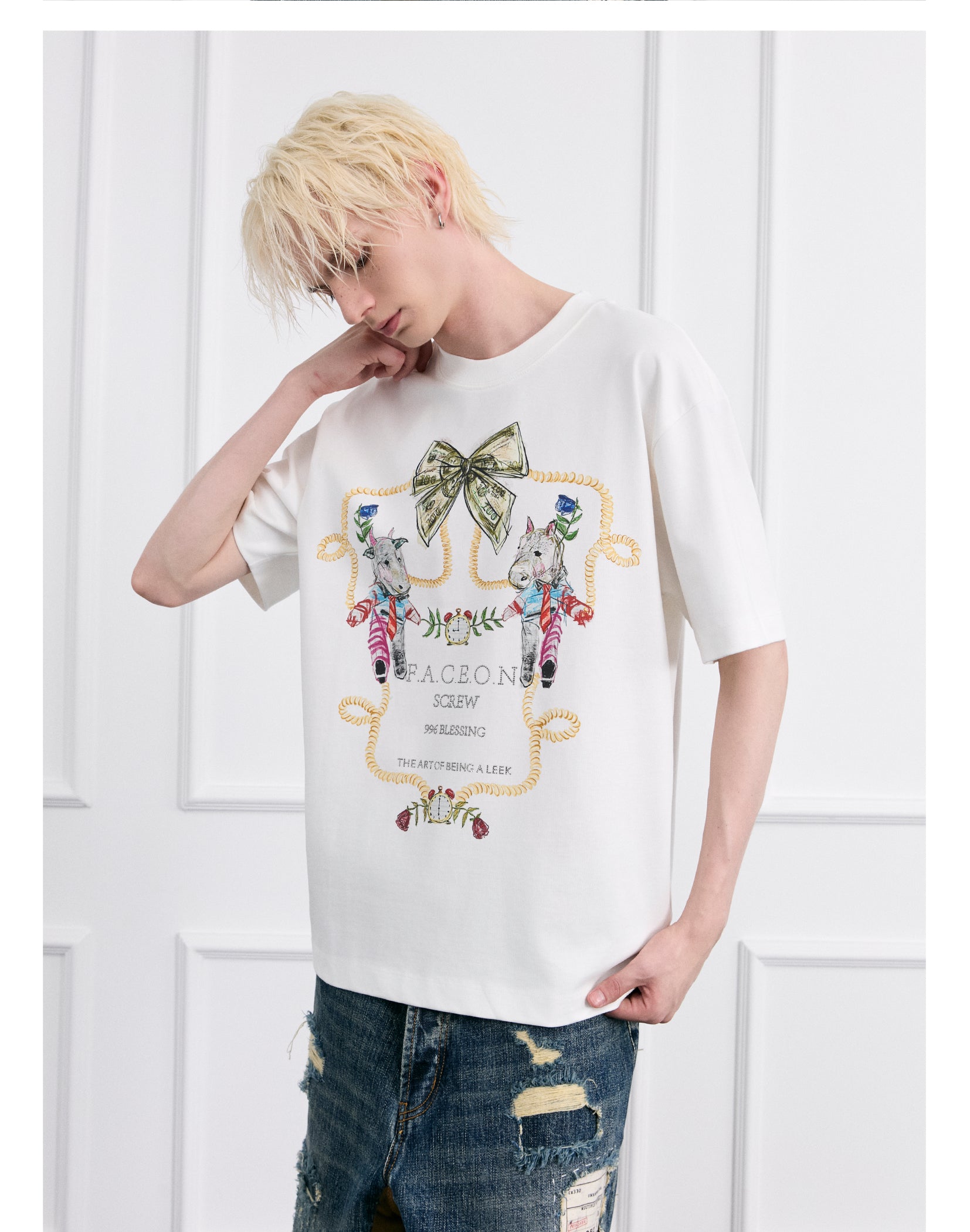 FACEONLAB Crayon Drawing Ox & Horse T-shirt
