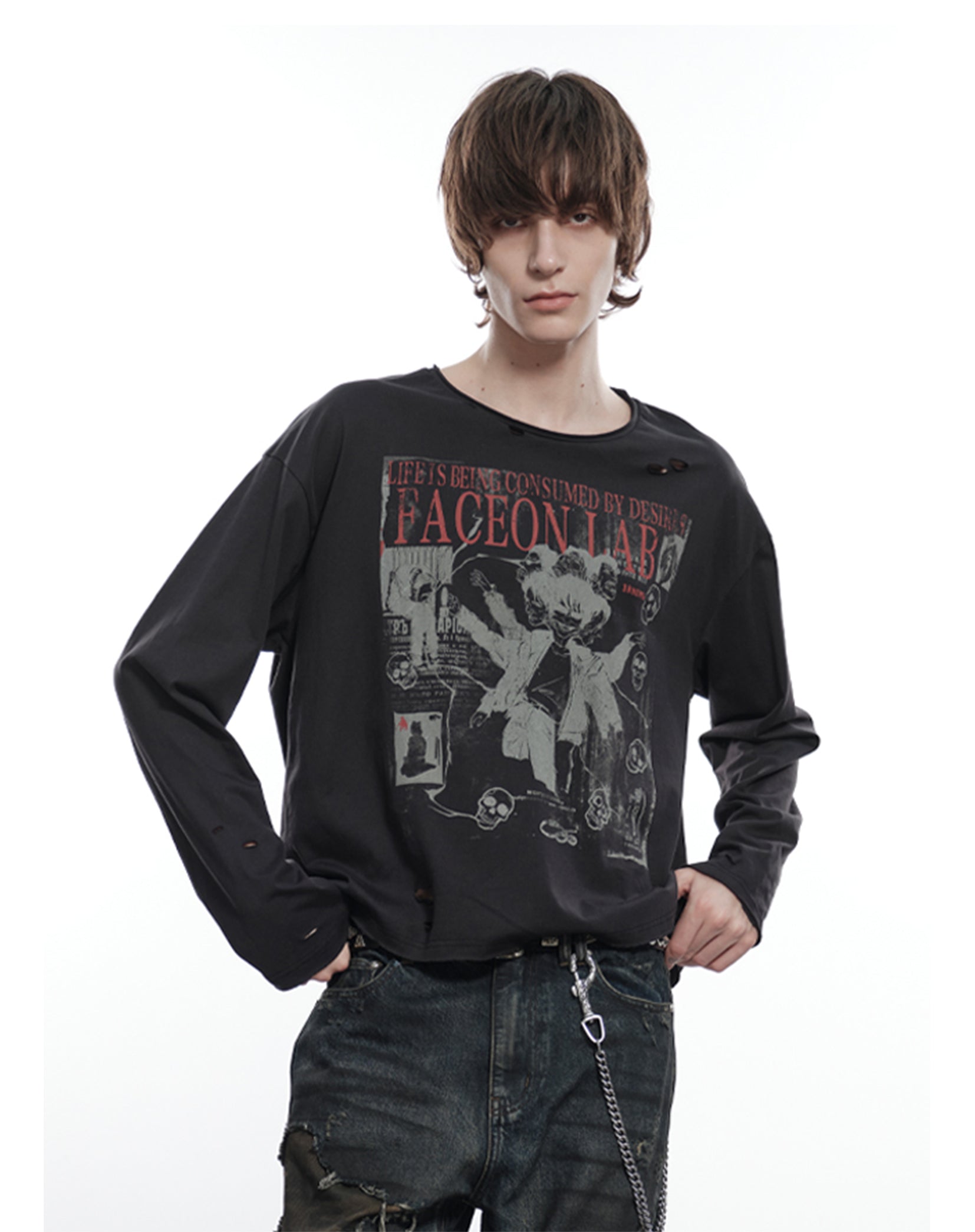 FACEONLAB Six Mood Distressed Destroyed Long Sleeve Top