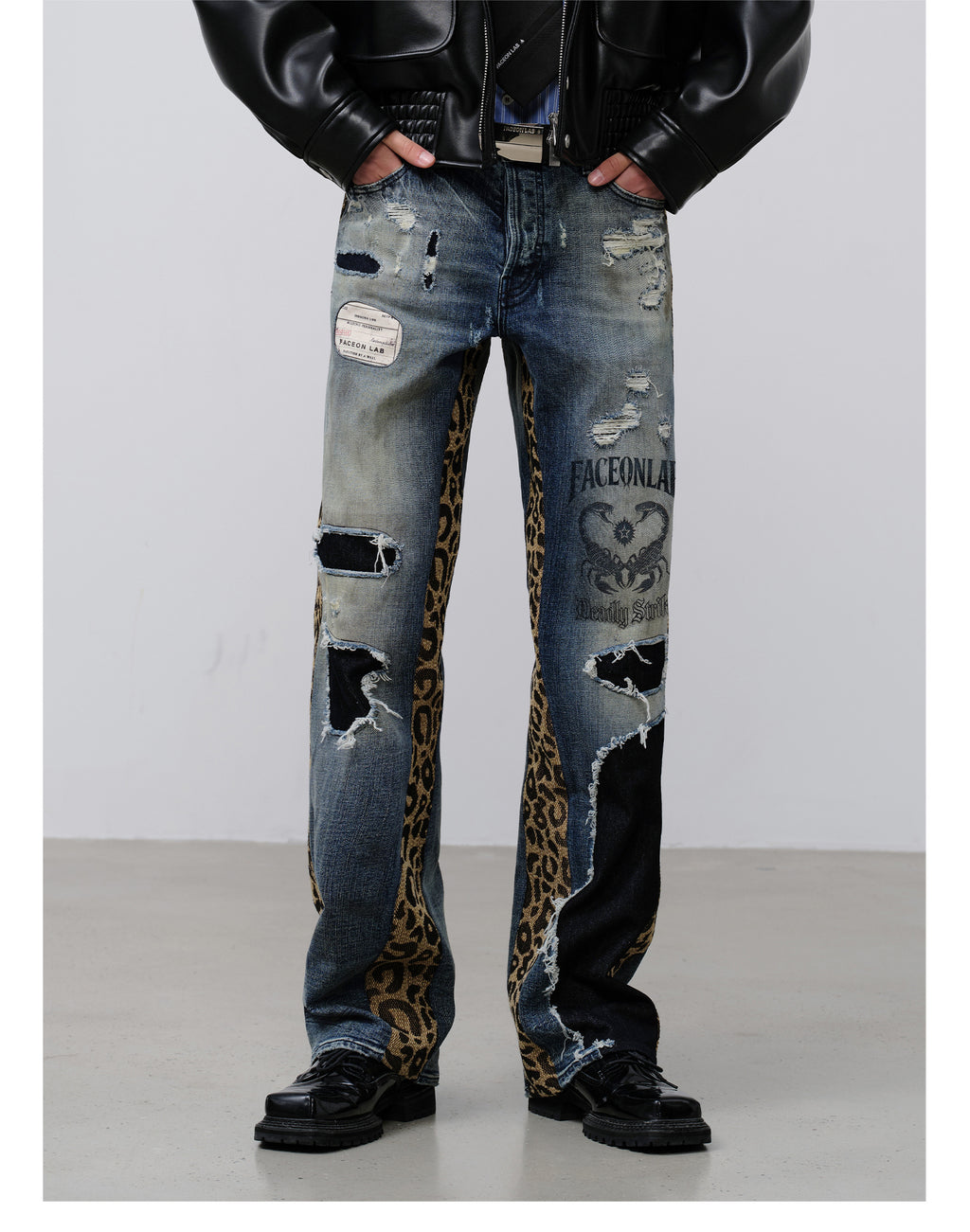 FACEONLAB Leopard Print Patchwork Ripped Jeans