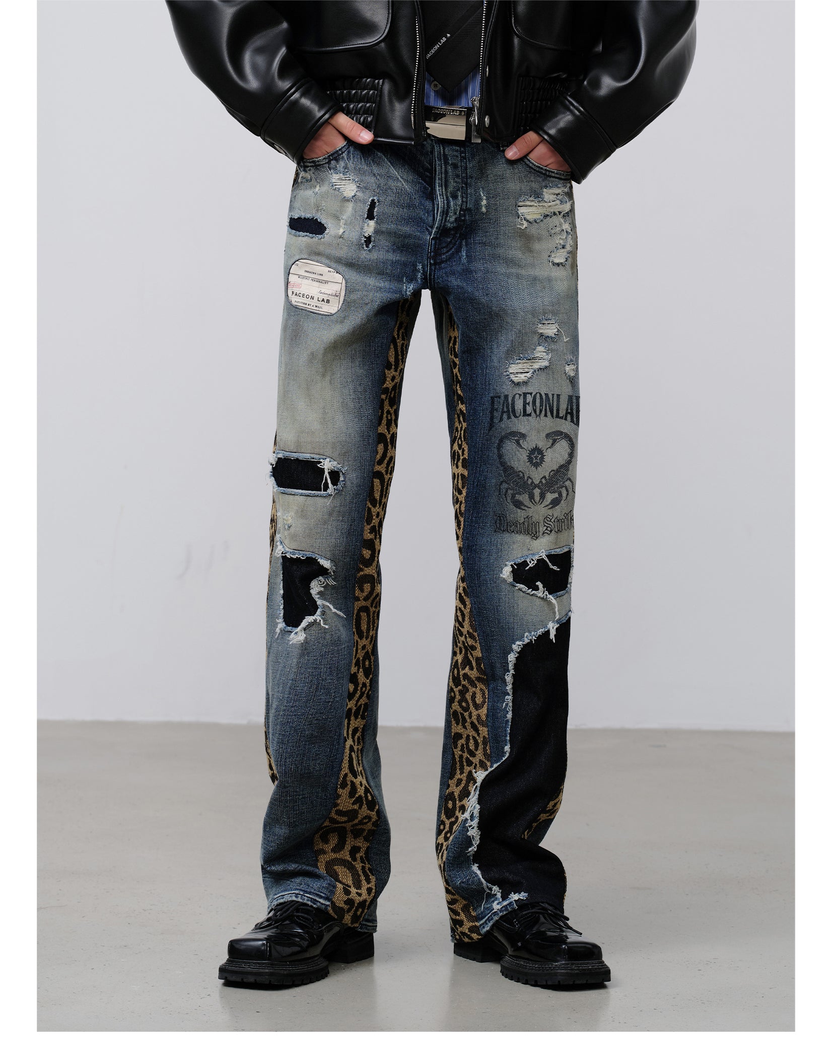 FACEONLAB Leopard Print Patchwork Ripped Jeans
