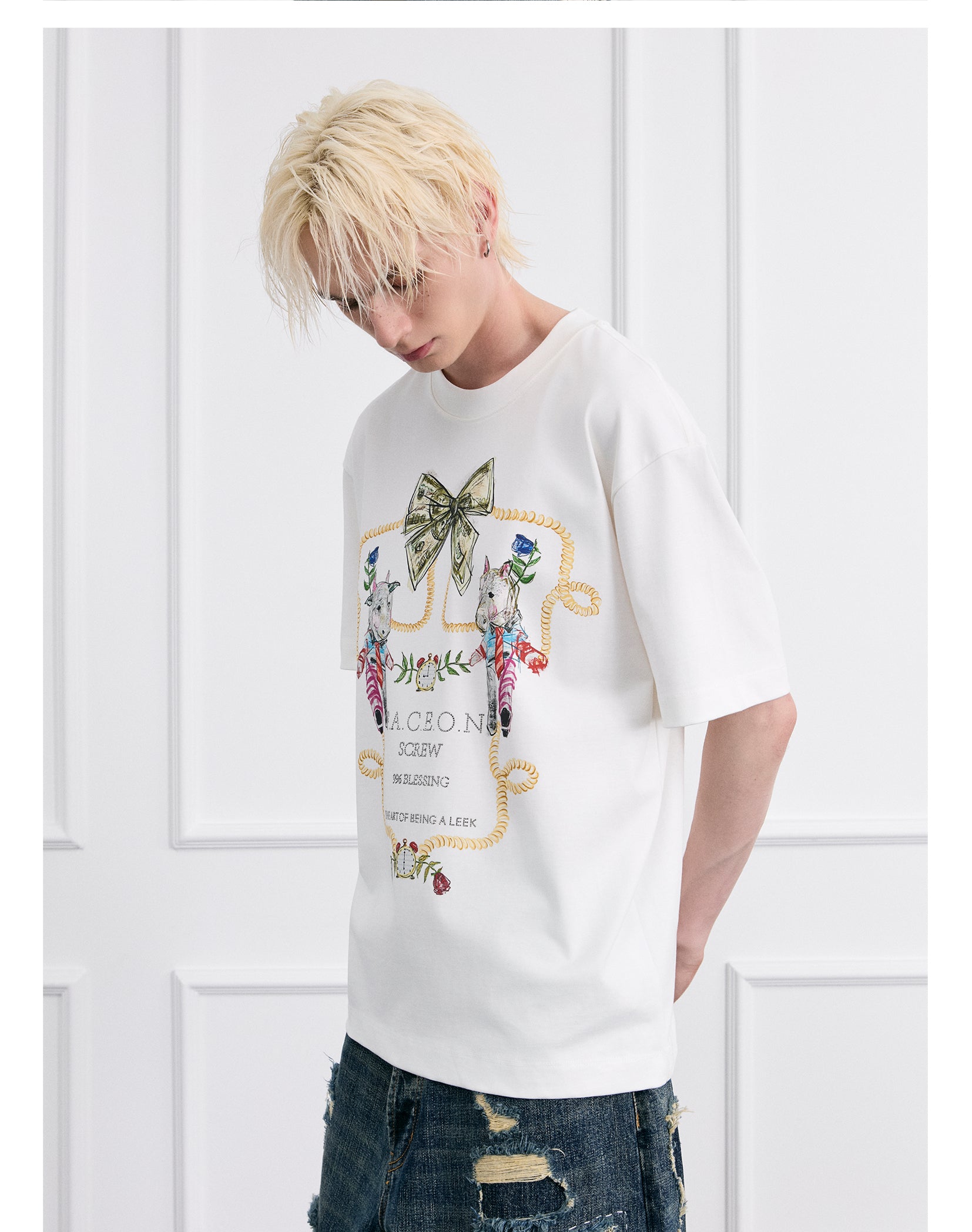 FACEONLAB Crayon Drawing Ox & Horse T-shirt