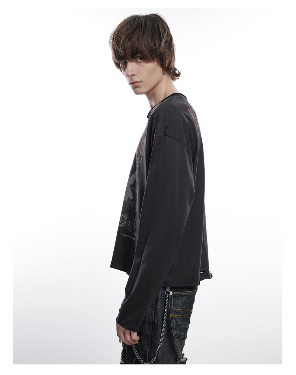 FACEONLAB Six Mood Distressed Destroyed Long Sleeve Top