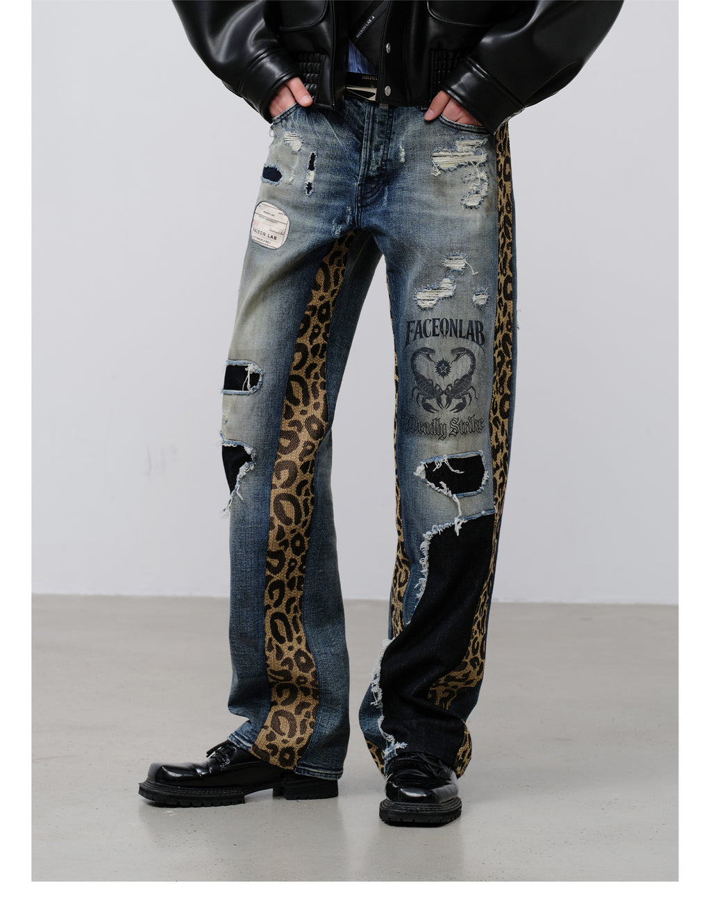 FACEONLAB Leopard Print Patchwork Ripped Jeans