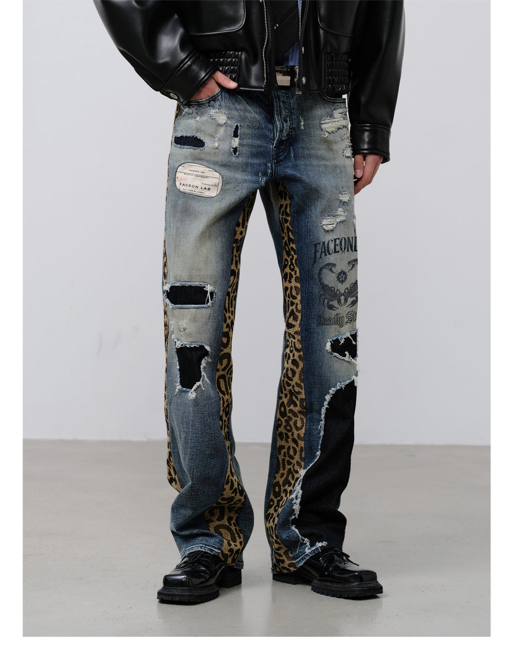 FACEONLAB Leopard Print Patchwork Ripped Jeans