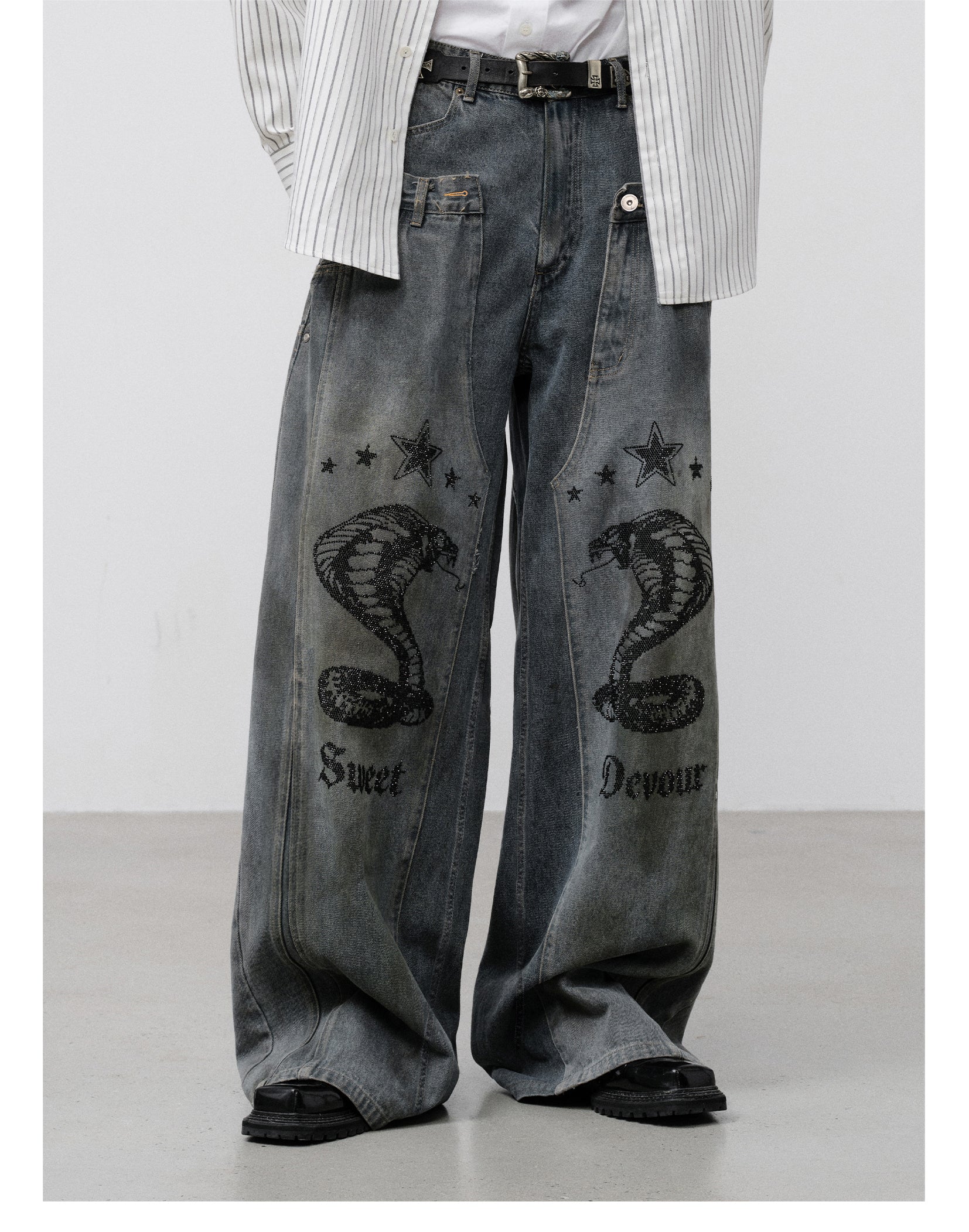 FACEONLAB Vintage Distressed Snake Print Rhinestone Double Waistband Jeans
