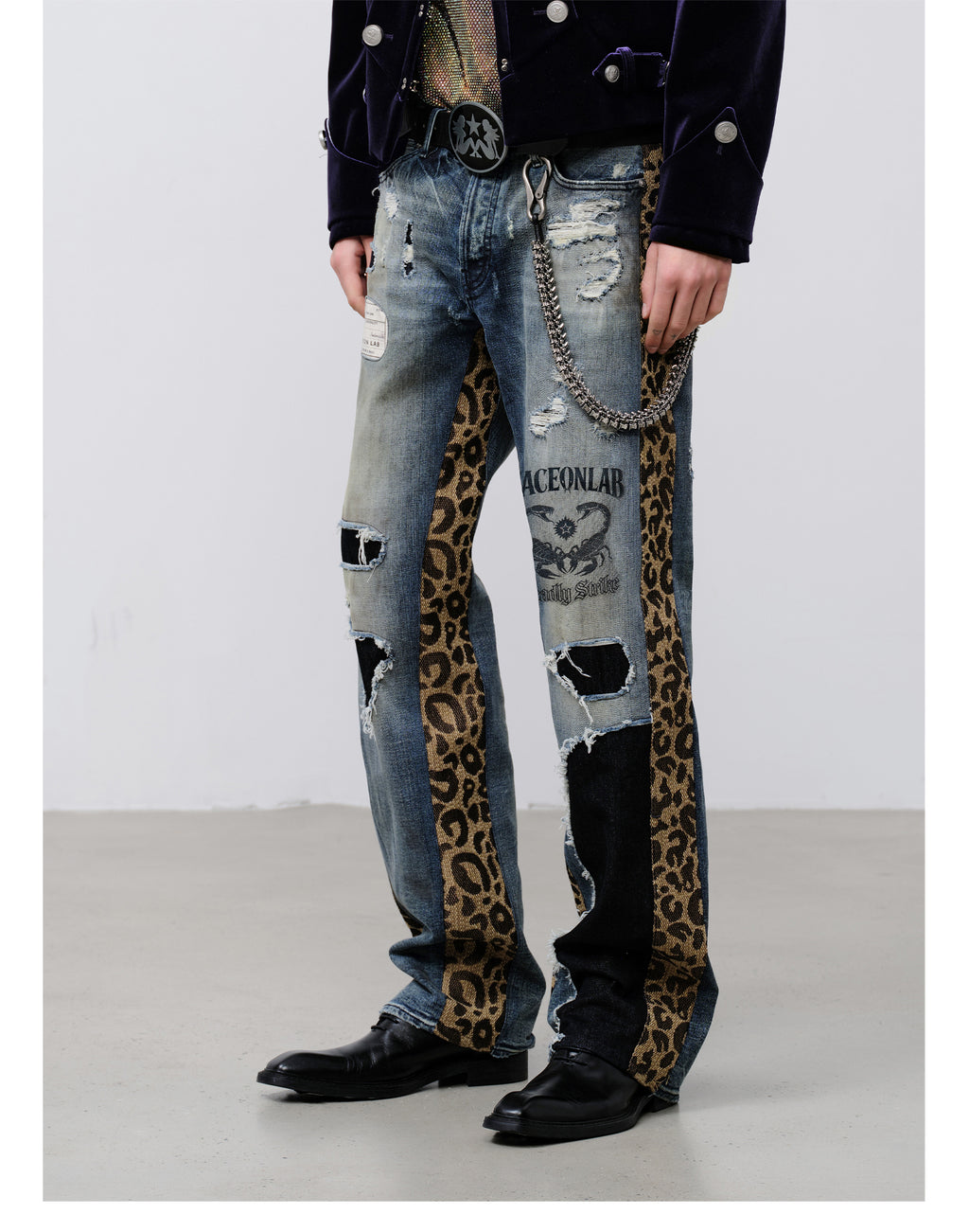 FACEONLAB Leopard Print Patchwork Ripped Jeans