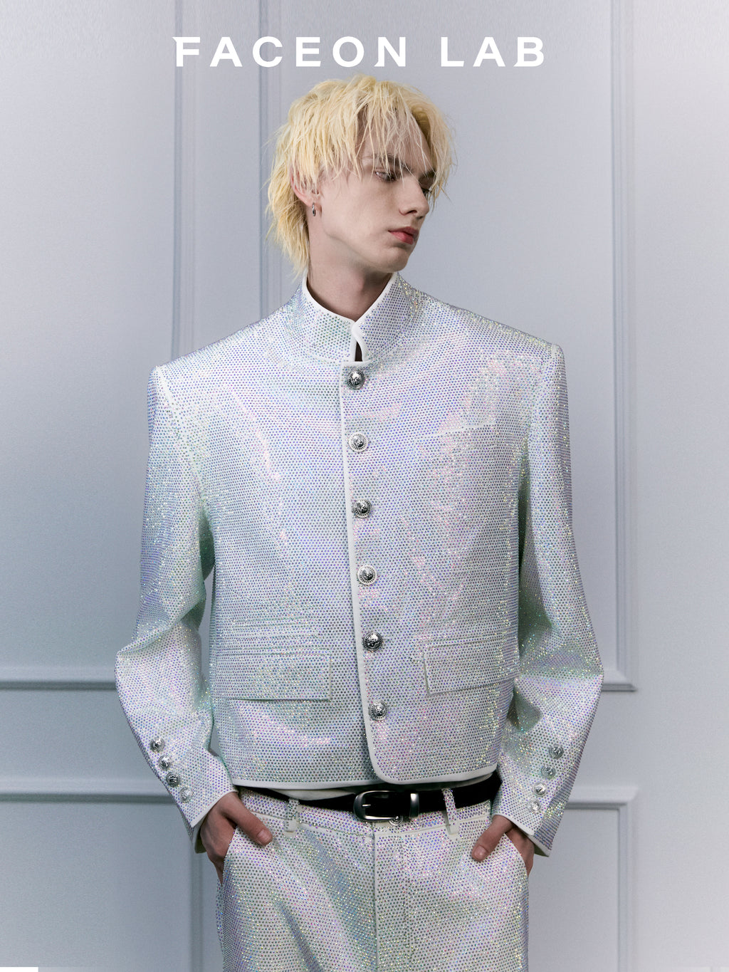 FACEONLAB Galaxy Bling Rhinestone Stand Collar Jacket Uniform