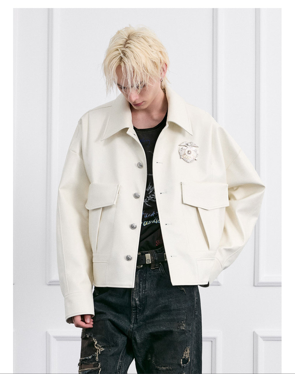 FACEONLAB Mounted Police Medal PU Leather Jacket