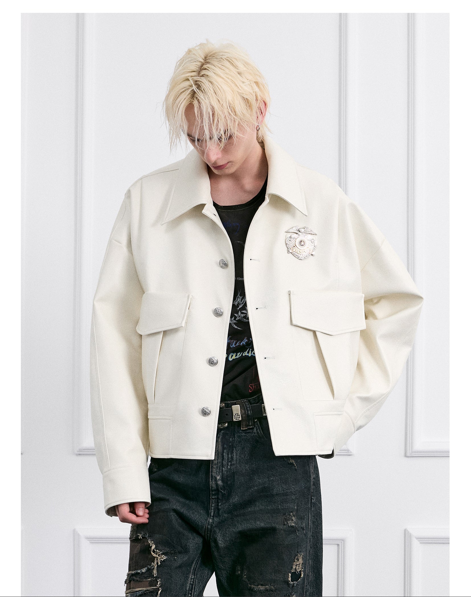 FACEONLAB Mounted Police Medal PU Leather Jacket