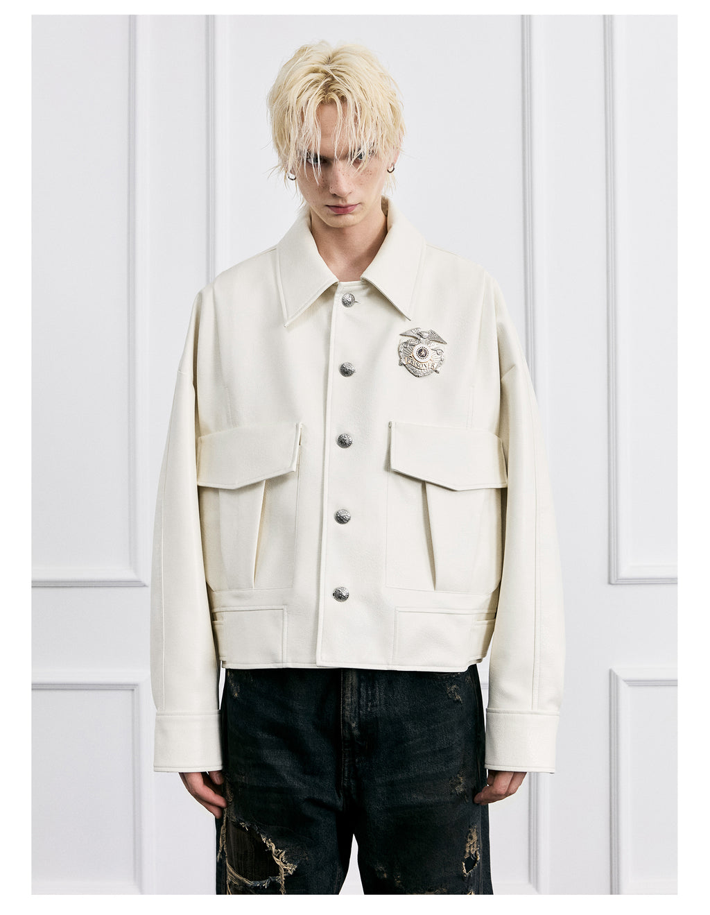 FACEONLAB Mounted Police Medal PU Leather Jacket
