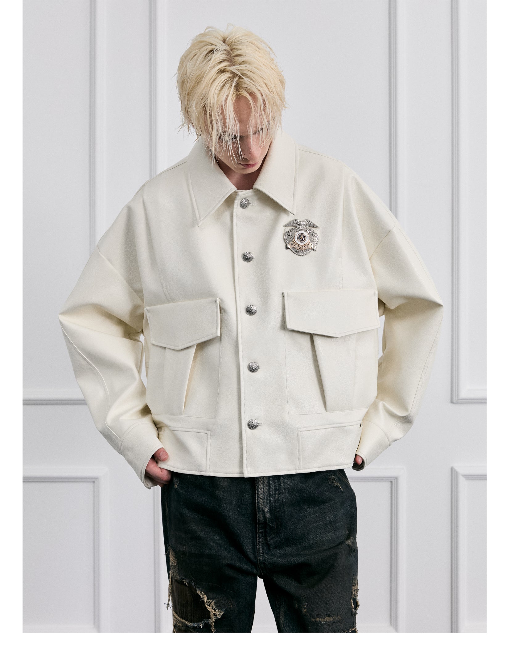FACEONLAB Mounted Police Medal PU Leather Jacket